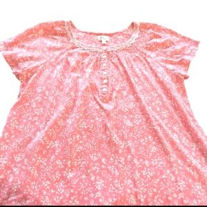 Aria Collection Pink-White Floral Nightgown Lace Trim Scoop Neck SS Pockets  L